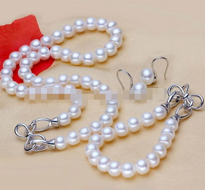 

Hot sell Noble- charm Jew.657 Beautiful gift AAA 8-9mm freshwater white Pearl Necklace bracelet gift set (A0423)