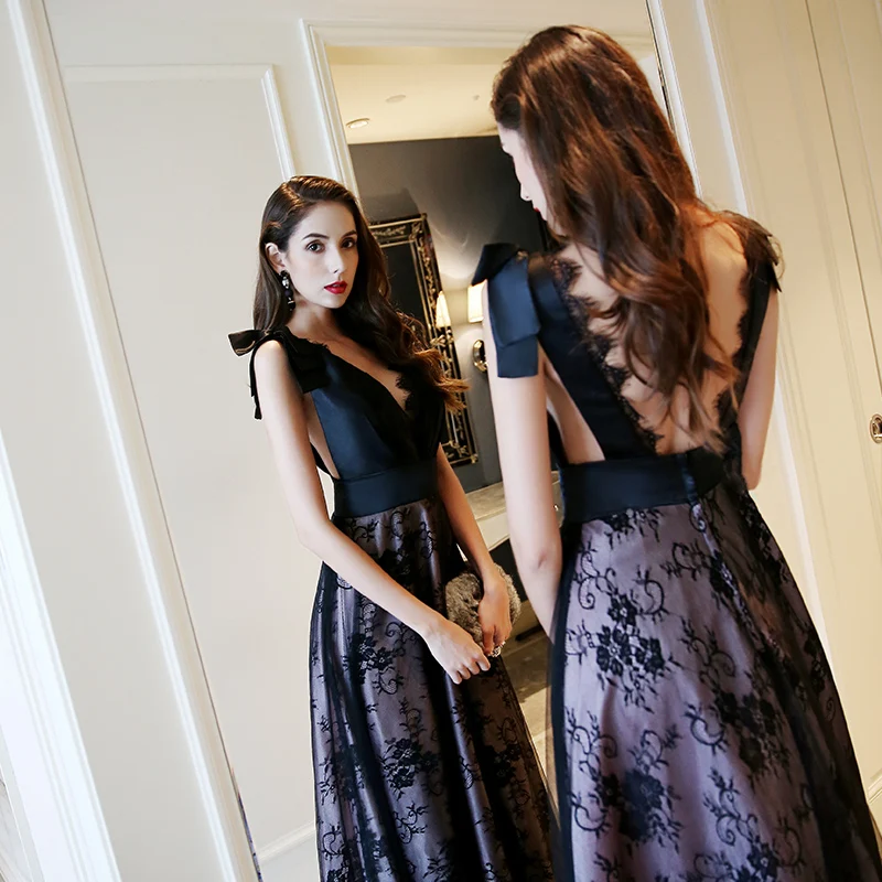Ssyfashion Новый Винтаж элегантное черное платье для выпускного банкет сексуальное