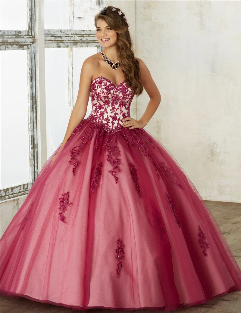 Белый с бургундия Appliques quinceanera платья бальное платье vestidos de 15 anos принцеса