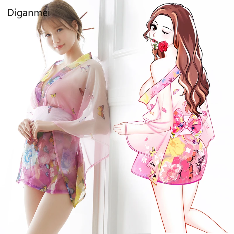Pink sexy perspective kimonos clothing dress Japan style cosplay Japanese traditional kimono woman bathrobe geisha clothing