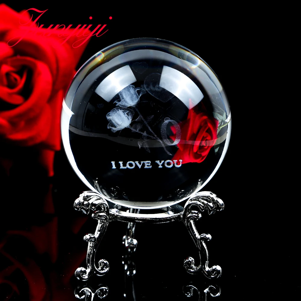 

3D Rose Crystal Ball Accessories Miniature Flower Glass Quartz Sphere Ornament Home Decor Wedding Birthday Valentine'sDay Gift