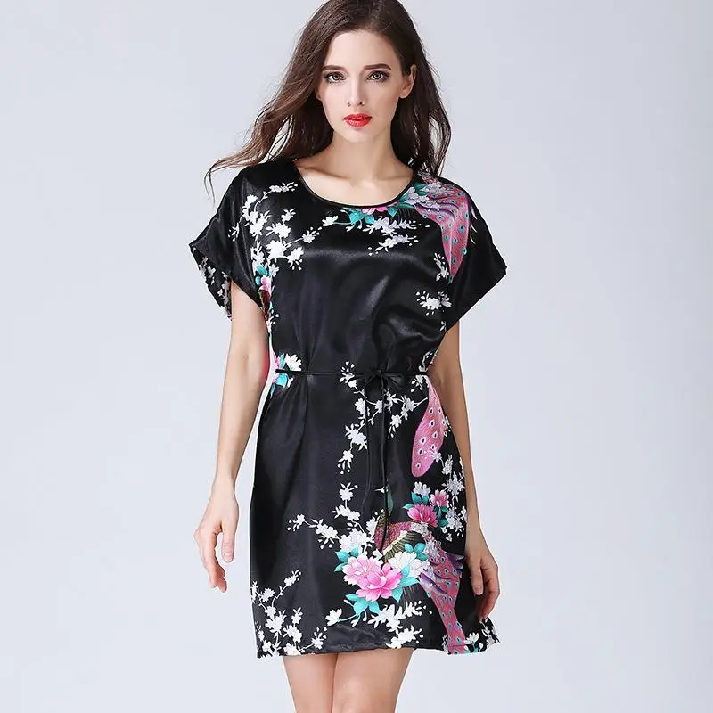 Сексуальное летнее платье комплект из 2 предметов одежда для сна Ночная сорочка женский халат мини-кимоно Банный халат пижама из искусственного шелка Повседневное шелковые пижамы Женское платье - Цвет: Black Mini