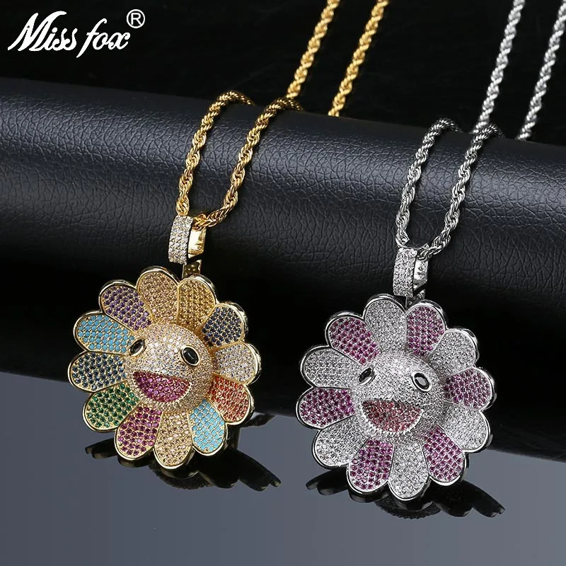 

MISSFOX Hip Hop Takashi Murakami Sun Flower Gold Necklace AAA Cubic Zirconia Sunflower Valentine'S Day Korean Fashion Jewelry