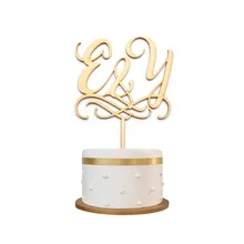 Персонализированные юбилейные деревянные топперы для торта, лазерные инициалы, топпер для торта на заказ, Серебряное акриловое зеркало золотистого цвета, монограмма, топпер для торта