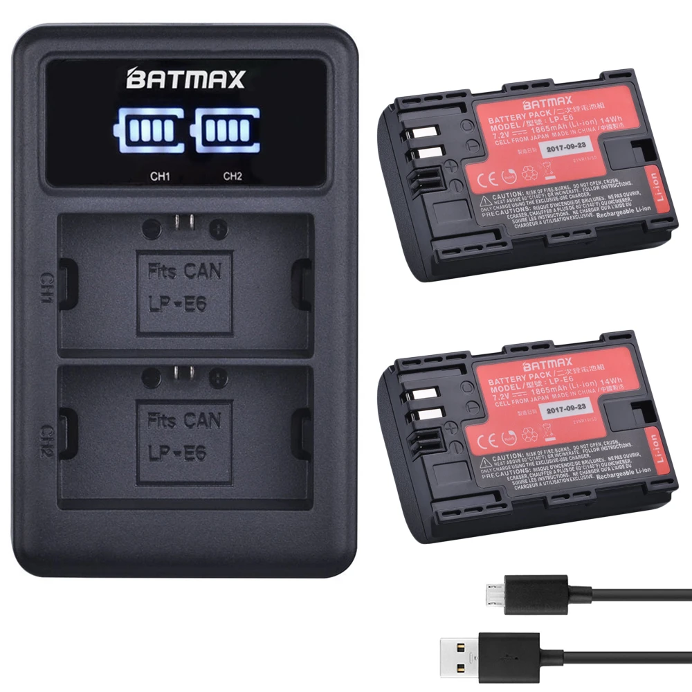 Batmax LP-E6 LPE6 LP-E6N Сделано в Японии ячеек батарея+ светодиодный двойной USB зарядное устройство для Canon EOS 5D Mark II III 5DS 5DSR 6D 7D 60D 60Da - Цвет: 2B with charger