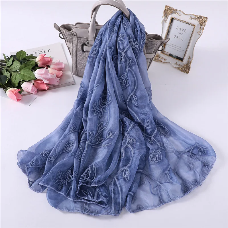 

2019 New Luxury Long Womens Scarf Summer Silk Scarves Female Shawl and Wrap Rose Flower Embroidery Scarf Pashmina Lady Hijab