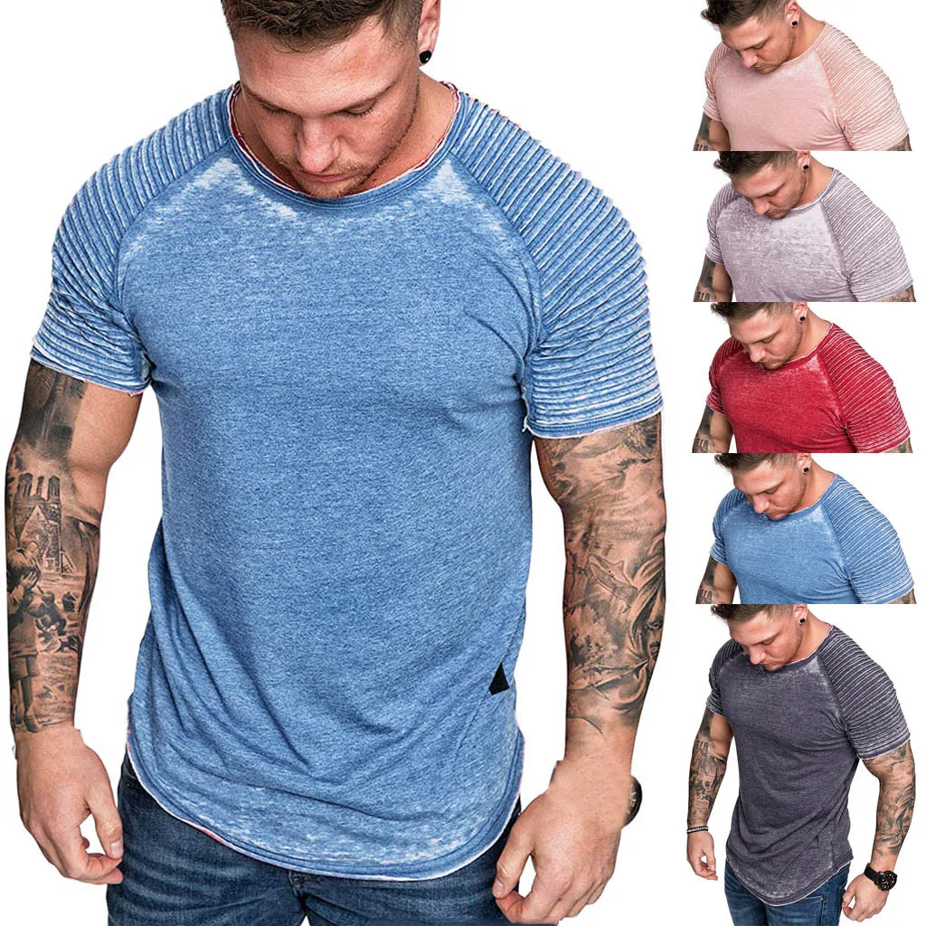 

T Shirt Men's Summer Pleats Slim Fit Raglan Short Sleeve Pattern Top Light Color Clothing Fathers Day Fitness Gyms Tee M-3XL