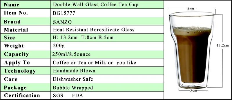 Двухслойная стеклянная термостойкая кофейная чашка Горячая Ручная выдувная чашка для кофе с шестигранной чашкой 2 шт. 250 мл 400063