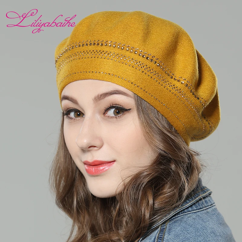 Beste Liliyabaihe Nieuwe vrouwen Winter Hoed Wol Gebreide Baretten, Hoeden met Omliggende diamant Decoratie Modieuze Effen Kleur Hoed