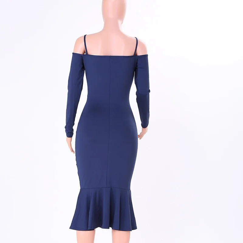 Kostlich Spaghetti Strap Long Sleeve Ruffles Mermaid Party Dresses Slash neck Bodycon Sexy Women Midi Dress 6 Colors Clothing (14)