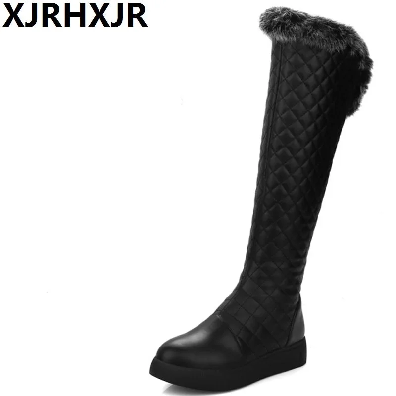 

XJRHXJR Winter Rabbit Fur Warm Shoes Woman Fashion Knee-high Boots Female Flat Platform Long Boots Keep Warm Snow Boots White
