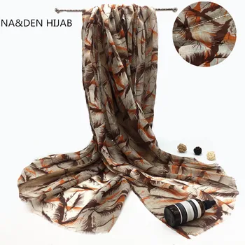 

Hot selling thin feather print women's scarves large size unfringed shawl gold and silver thread sequined scarf Muslim headscarf