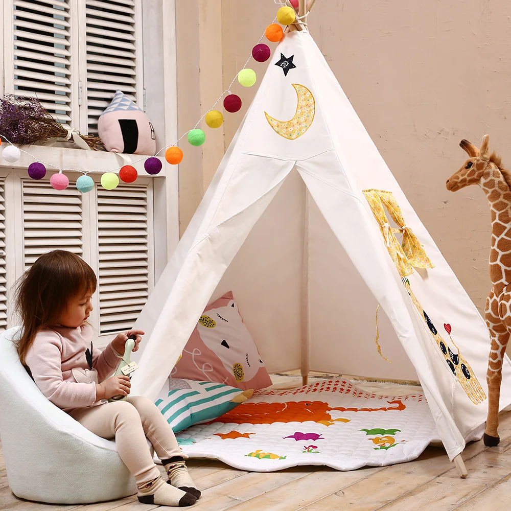 Five Poles Teepee Cotton Canvas Play Tent for Kids Tipi Embrodery