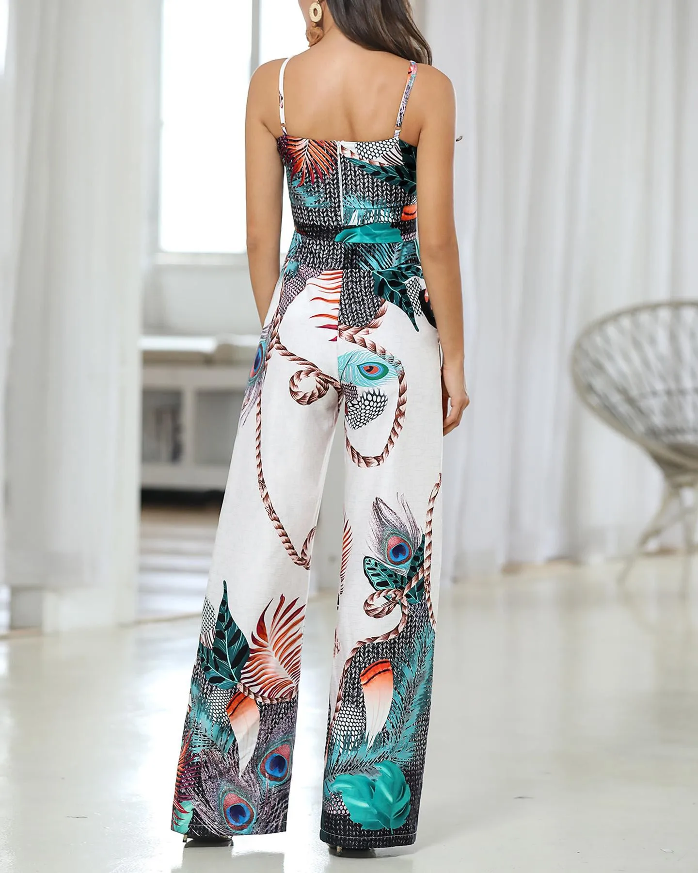 Women Spaghetti Strap Peacock Print Jumpsuit Summer Printed Long Overalls Wide Leg Pants Rompers Women Spaghetti Strap Peacock Print Jumpsuit Summer Printed Long Overalls Wide Leg Pants Rompers
