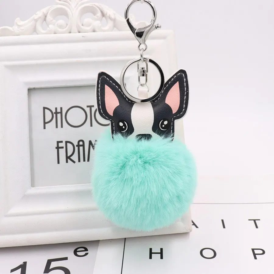Fluffy Rabbit Fur Ball French Bulldog Keychain Pompom Key Chain Pu Leather Animal Dog Keyring Holder Bag Charm Trinket Chaveiros