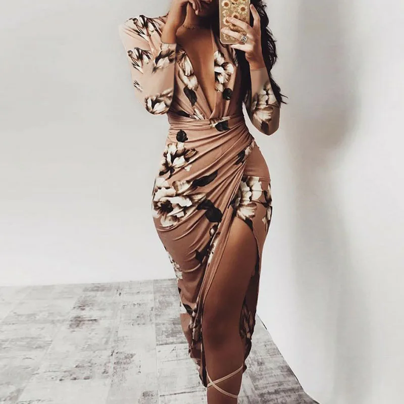 

2019 Deep V-neck Print Wrap Ruched Bodycon Dress Women Spring Long Sleeve Office Dresses Elegant Cocktail Nightclub Party Dress