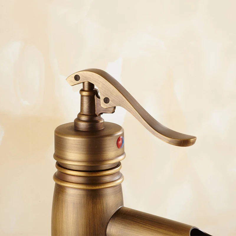 Antique Brass Bathroom Sink Basin Faucet Mixer Tap Waterfall Spout Single Hole Vessel Sink Faucet KD1258 Antique Brass Bathroom Sink Basin Faucet Mixer Tap Waterfall Spout Single Hole Vessel Sink Faucet KD1258