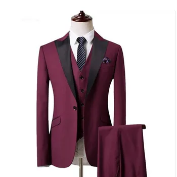 

Classic high-quality men's suits wine red suit collar single-breasted men's business office suite (jacket + pants + vest)