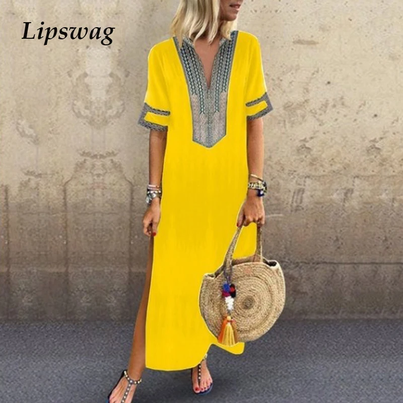 

Lipswag 5XL Women V-Neck Print Patchwork Long Dresses Vintage Side Split Boho Dress Summer Short sleeve beach Maxi Dress Vestido