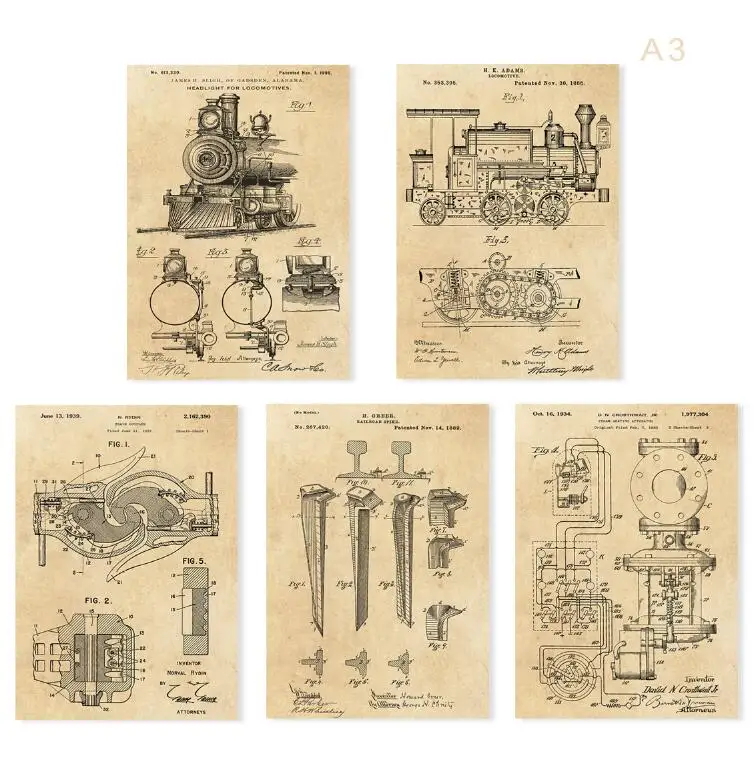 Винтажный Паровозик патент арт Паровозик сцепка плакат 5 в 1 поезд эскиз до детской стены Искусство классический поезд искусство - Цвет: Vintage parchment