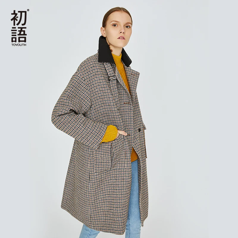 

Toyouth Plaid Long Coat Warm Long Sleeve Blends Checked Single Breasted Coat For Female Korean Blends Abrigos Mujer Elegante