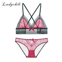 Женское белье ladychili интимный сексуальный ультра тонкий бюстгальтер комплект беспроводной без пуш-ап кружева прозрачный Французский-нижнее белье бюстгальтер и трусики набор N323