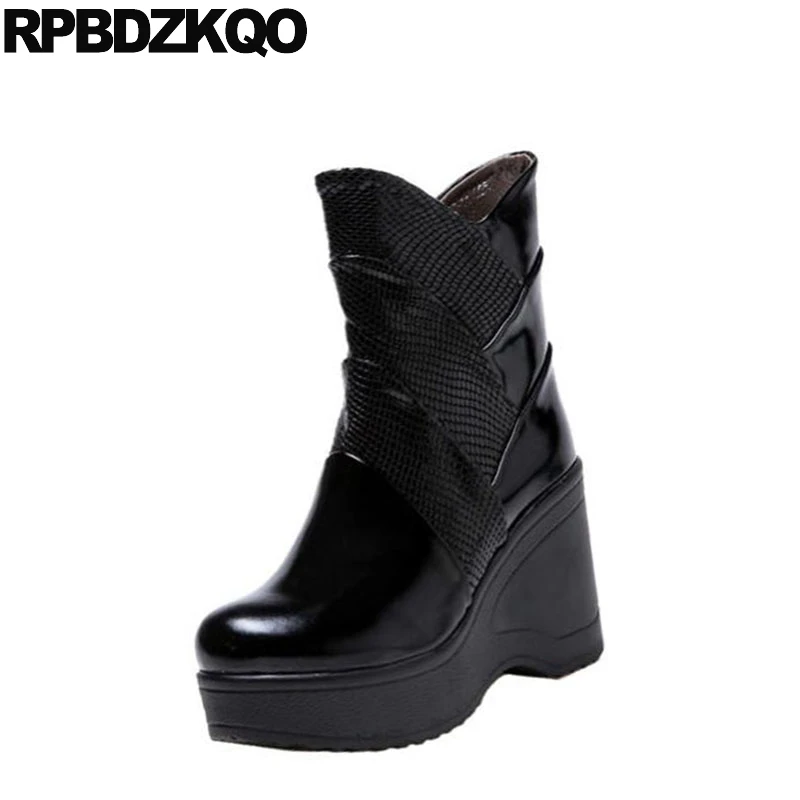 Plateforme Luxe À 2018 Compensées Véritable Talons En Chaussures Serpent Noir Bout De Brevet Bottines Taille Rond Hauts 34 Femmes Cuir CxoWQrBed