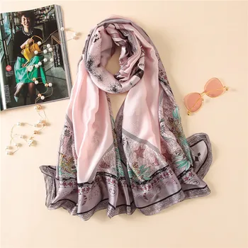 

Summer Silk Scarf Women Female Genuine Printed Long Scarf Brand Quality Foulard Cachecol Beach cover-ups Shawl Wraps