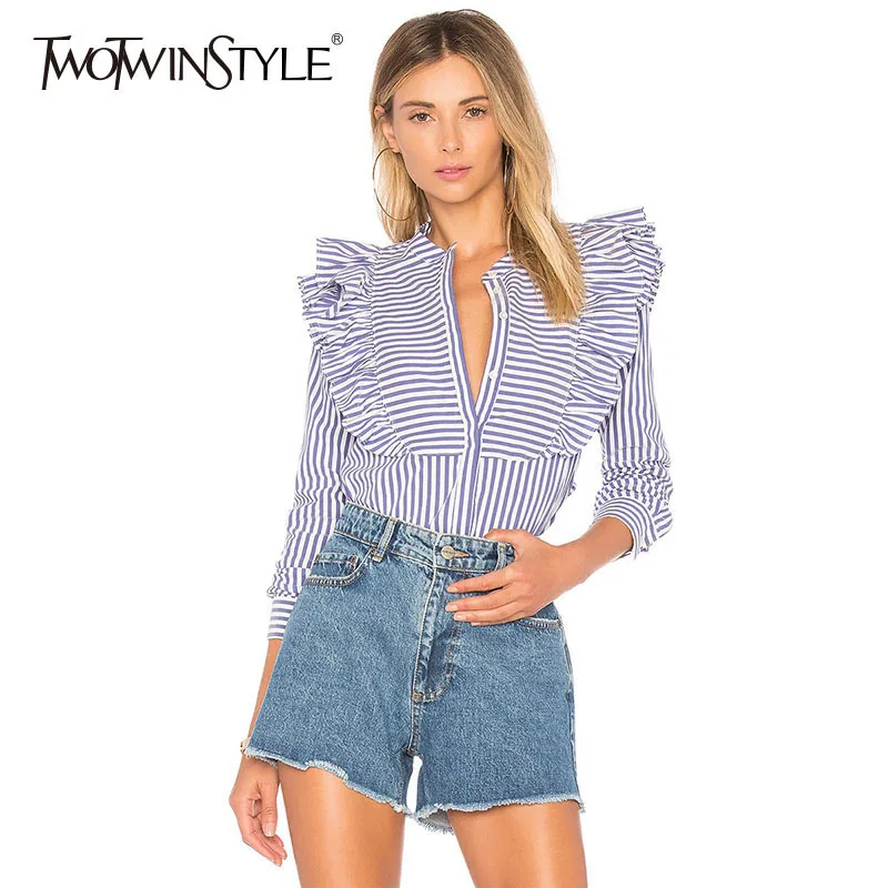 

TWOTWINSTYLE Striped Ruffles Shirt Womens Stand Collar Patchwork Long Sleeve Sweet Blouse Female Spring Fashion New 2019 Clothes