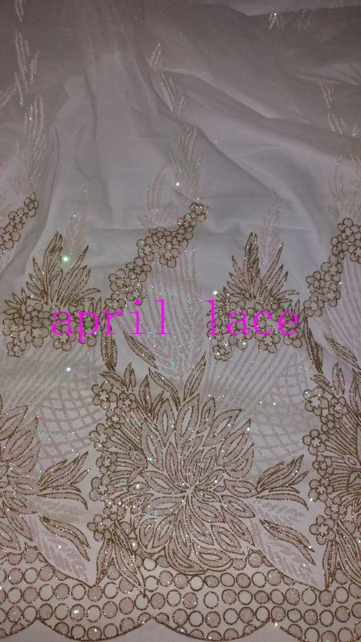 

5yards HL037 cream floral glued sparkle glitter mesh net tulle lace fabric for india african sawing /evening dress