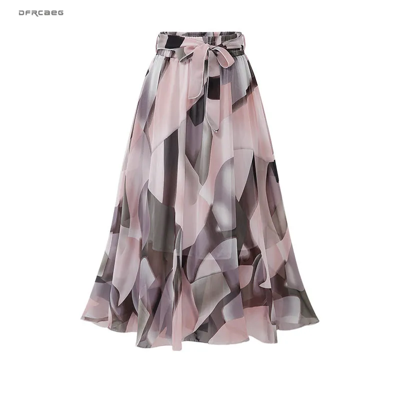 

New Arrivals Boho Style Pleated Chiffon Skirt For Women Summer 2019 Elastic WaistFashion Froal Print Beach Midi Skirts Femm Saia