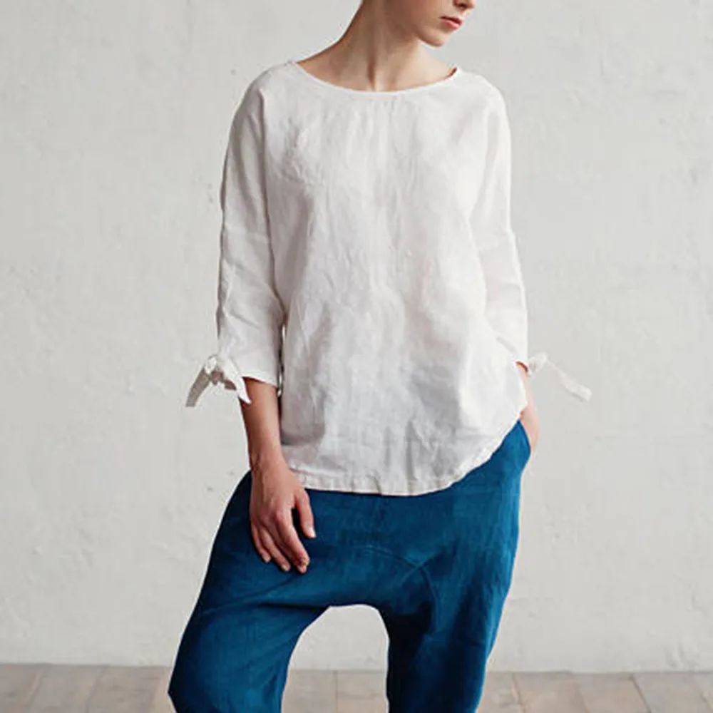 

Women Casual Kimono O-Neck Cotton Linen Top With Tie Sleeve Loose Tunic Blouse Women's cropped sleeves cotton and linen tops