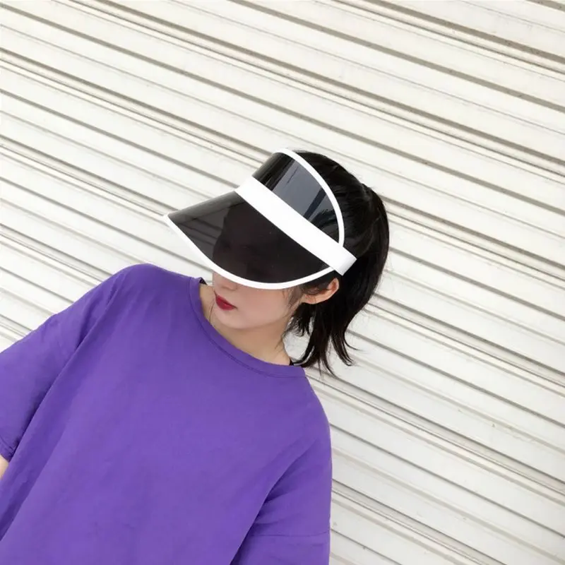 KLV النساء الرجال شفافة PVC البلاستيك ظلة قبعة متجمد الحلو الحلوى اللون فارغة مكشوفة الرياضة الشاطئ قبّعة للوقاية من الشّمس حزام الظهر