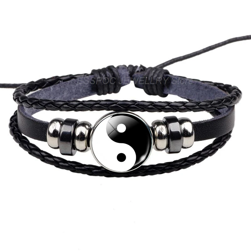 Yin Yang Bracelet Tree of Life Braided Leather Pubk Black Bracelets Tai Chi Craft Supplies Life Tree Glass Dome Jewelry Men Gift - Окраска металла: as show