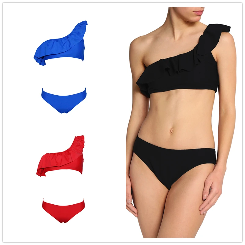 

2019solid Hot one shoulder swimwear Frills BIKINI set women Flouncing Bathing suit hipster bottom push up Lady girl Gift Holiday