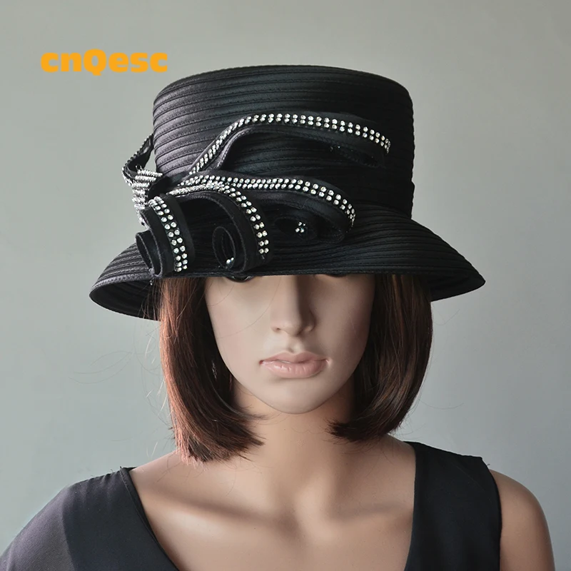 BLACK Ladies Formal dress hat All Year Around satin hat for Church Kentucky derby.in Fedoras