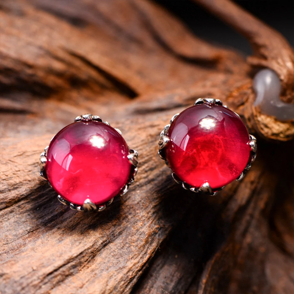 MetJakt Vintage Natural 11mm Red Corundum Stud Earrings Solid 925