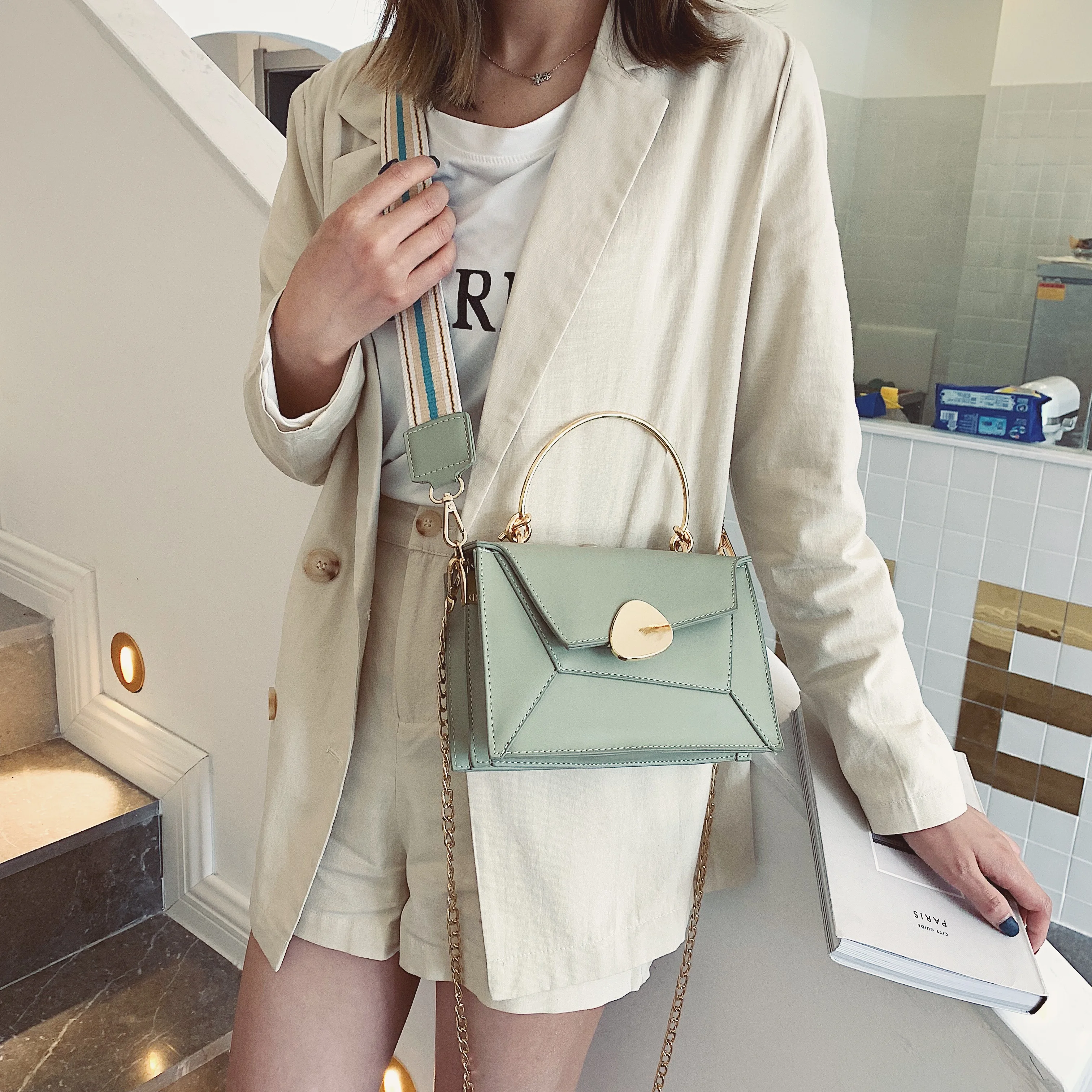  Contrast Color PU Leather Crossbody Bags For Women 2019 Chain Handbags with Metal Handle Shoulder M - 33051286061