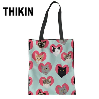 

THIKIN Cute Heart Cats Printing Women Canvas Bags Female Summer Beach Bag Fashion Travel Shoulder Bag Tote Handbag Bolsos Custom