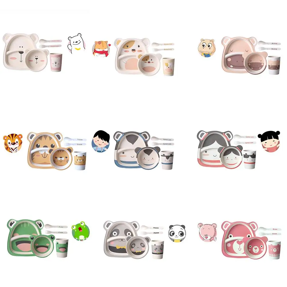 

Children Unisex Family General Bamboo Fiber Baby Five-piece Cartoon Tableware Set Children Bowl Plate Dinnerware Set