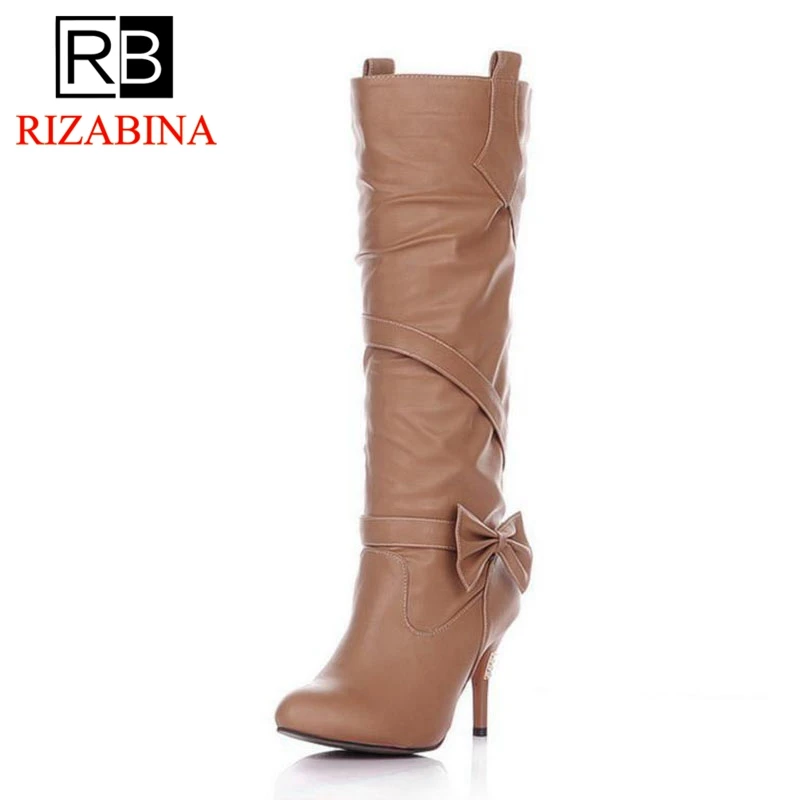 

RIZABINA Sexy Women High Heels Boots Bowknot Crystal Knee High Boots Party Club Warm Winter Shoes Women Footwear Size 31-43