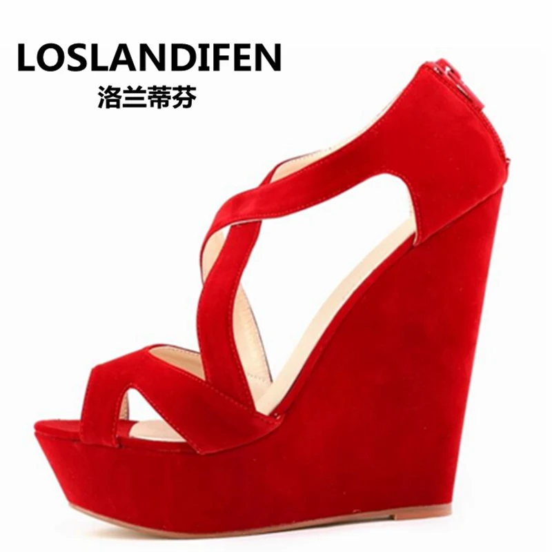 Женские босоножки на платформе 14 см с открытым носком перекрестным ремешком