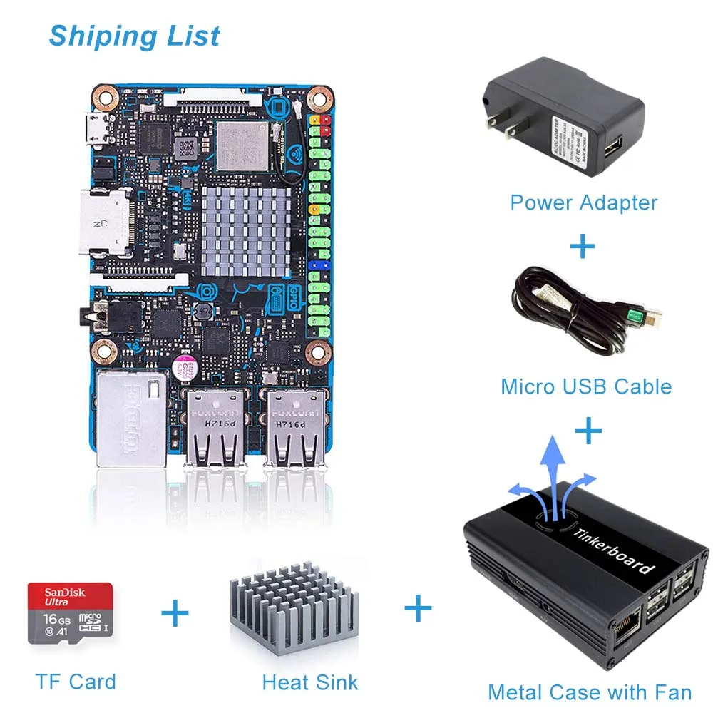 Плата ASUS SBC Tinker S RK3288 SoC 1,8 ГГц четырехъядерный процессор, 600 МГц Mali-T764 GPU, 2 Гб LPDDR3 и 16 Гб eMMC tinkerboard - Комплект: Комплект 4