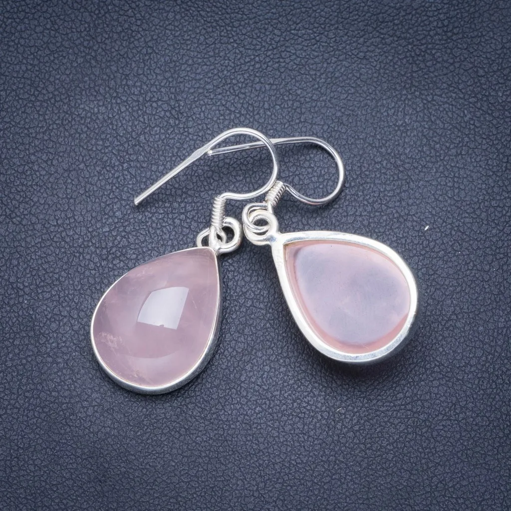 

Natural Rose Quartz Handmade Unique 925 Sterling Silver Earrings 1.5" A0626