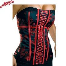 Вышивка красный микро Цветочный корсет Черный Земля, веревочный крест Женский корсет clsap справа, на шнуровке сзади, размер S-2XL