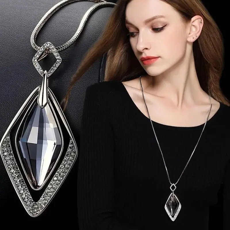 DuoTang Trendy Gray Big Crystal Pendant Necklace Fashion Silver Color