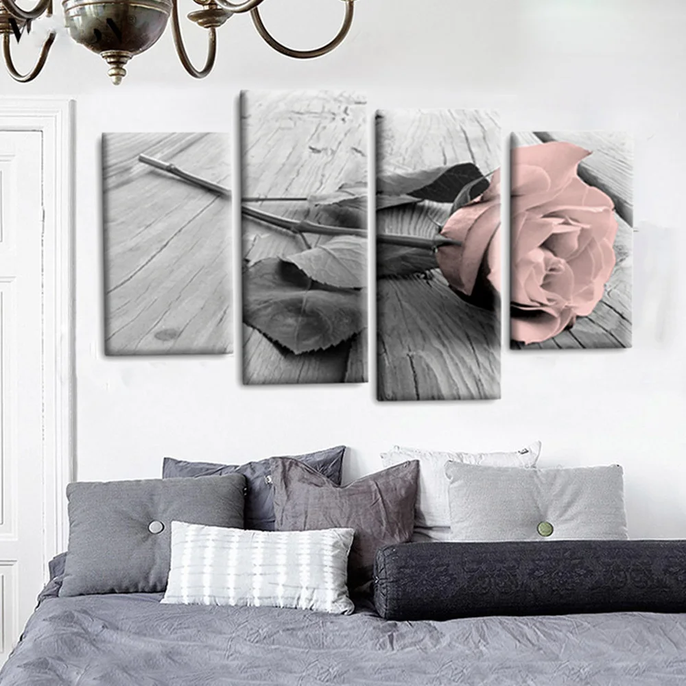 1SET Pink Grey White Love Rose Floral Canvas Wall Art Picture Prints