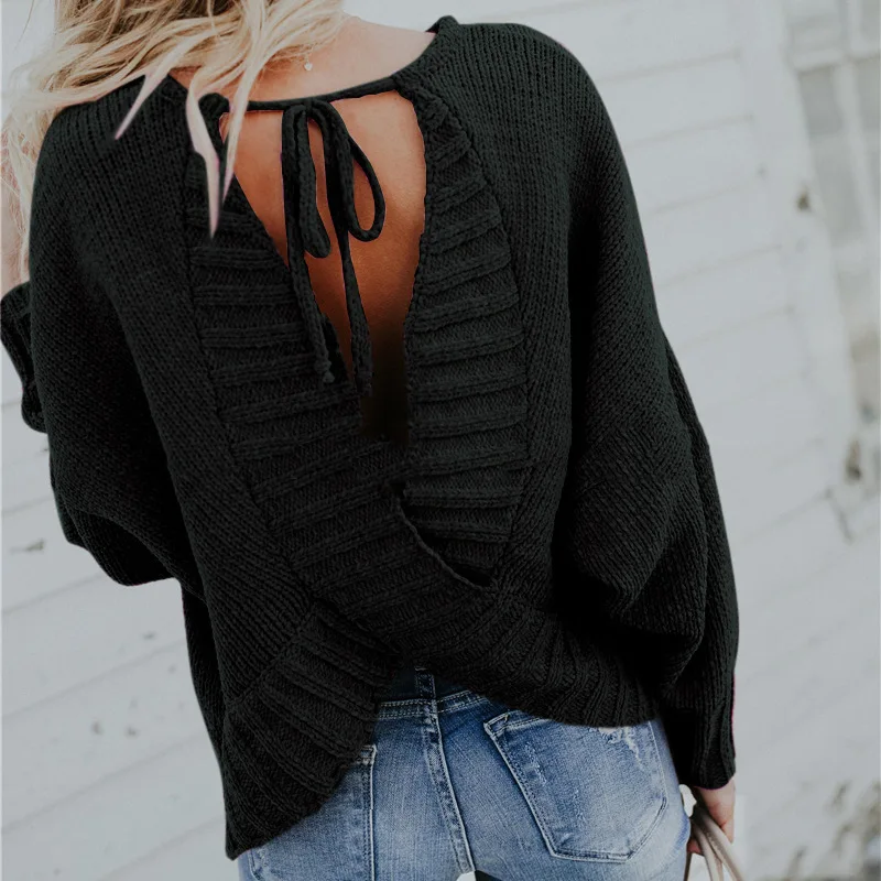 

LOGAMI Backless Irregular Autumn Winter Woman Sweater Knitting Pullovers Sexy Women Sweaters And Pullovers