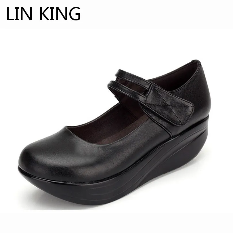 LIN KING Mature Black Pu Leather Women Pumps Height Increase Platform Shoes Shallow Wedges Shoes Mature Mother High Heel Shoes  