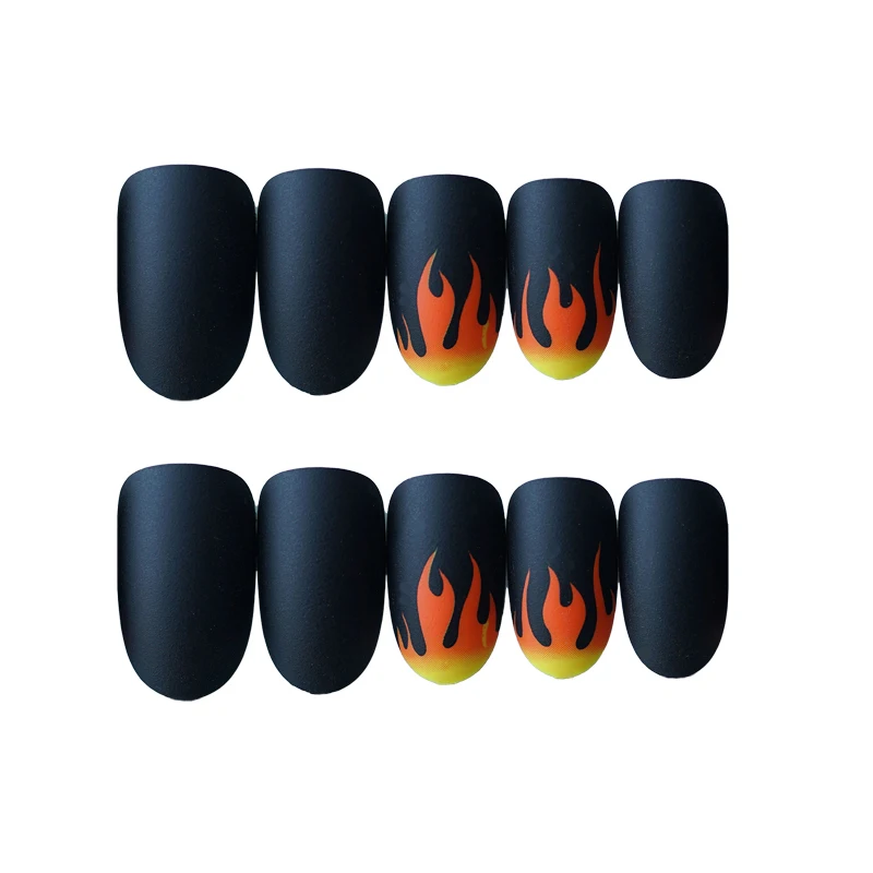 24pcs-Set-Punk-Fire-Pattern-Matte-False-Nails-Dark-Black-Pre-design-Short-Round-Head-Full(3)